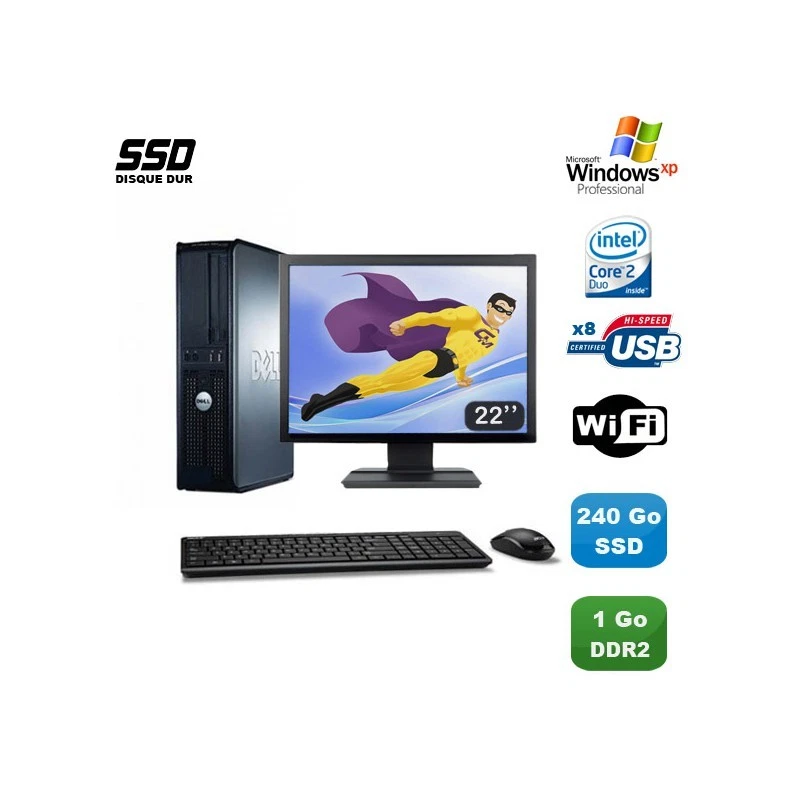 Lot PC DELL Optiplex 760 DT E8400 3Ghz 1Go DDR2 240Go SSD WIFI XP Pro + 22" - Photo 1/1