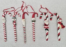 Six Vintage Intricate Candy Cane Ornaments Santa Snowman Mrs. Claus