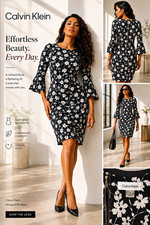Calvin Klein Black/White Floral Sheath Dress Round Neck Bell Sleeve Zip 4