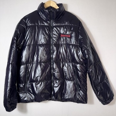 Spalding Puffer Jacket Mens Large Black Shiny Quilted Nylon Full Zip Logo NWT
