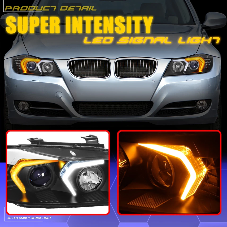 Faros proyectores de señal de retroceso LED DRL para BMW E90 2005-2008 sedán negros Foto 4 de 4