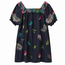 Johnny Was Linen Embroidered Dress L Blue Tropical Floral Puff Sleeve Boho Mini