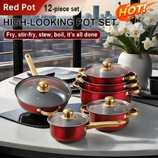 12-Pc Red Cookware Set Stainless Steel Non-Stick Pots Pans Kitchen Cookware
