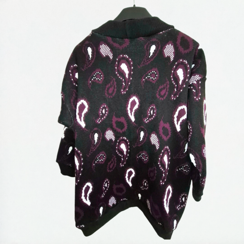 Vintage Open Front Cardigan Paisley Black Burgundy Chunky Knit One Size - Picture 2 of 7