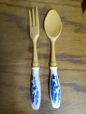 Vintage Salad Server Set Plastic with Blue and White Handle Fork & Spoon