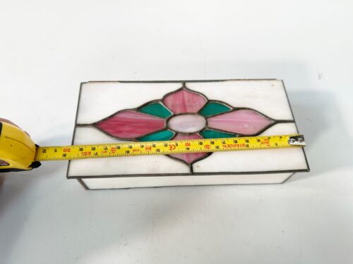VINTAGE STAINED GLASS LEADED MIRROR BOTTOM JEWELLERY BOX FLORAL FLOWER - Picture 6 of 7