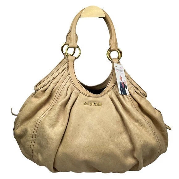 Miu Miu Hobo Leather Gathered XL Ivory Creme Gold Shoulder Purse Bag Tote