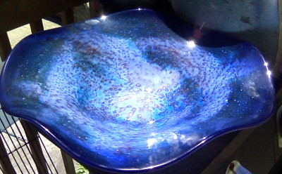 Alicja Art Glass Poland Galaxy Cobalt Blue White Cased Console Bowl VTG 80s 90s