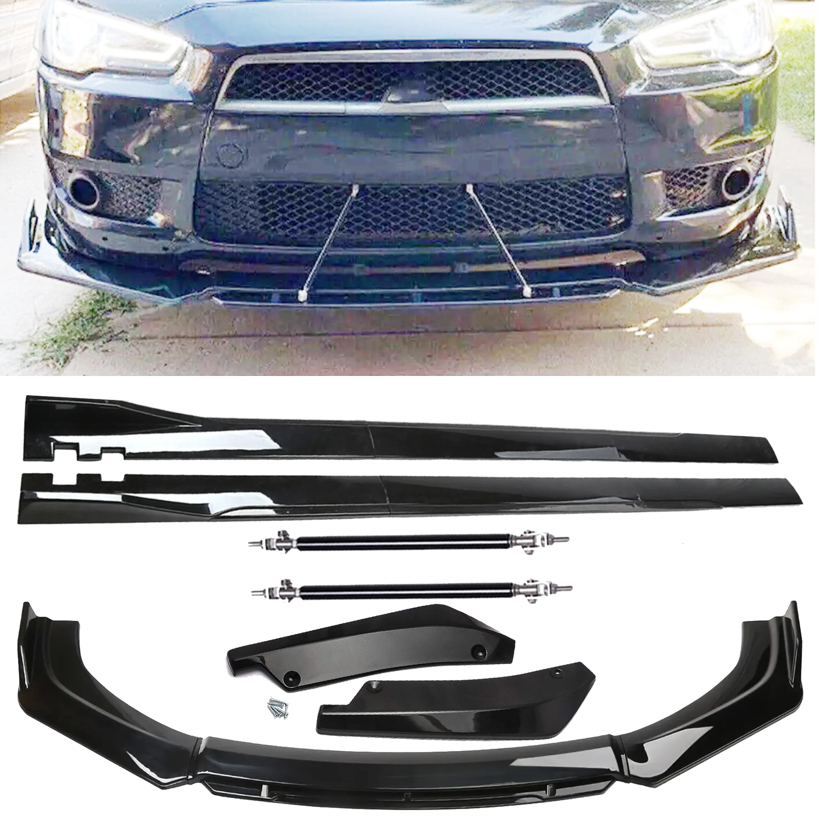 Front Bumper Lip Chin Spoiler Splitter Side Skirt Rear Rod For Mitsubishi Lancer