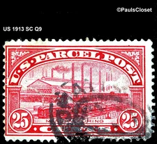 US 1913 SC Q9 PARCEL POST MANUFACTURING 25¢ CARMINE ROSE UNG P12 F/VF