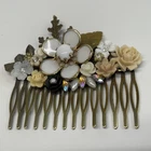 Vintage Beauty!! Milk Glass Floral Hair Comb Rhinestone Filigree Leaves  LE1