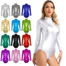 Women Shiny Metallic Bodysuit Leotard Long Sleeves Turtleneck Jumpsuit Dancewear