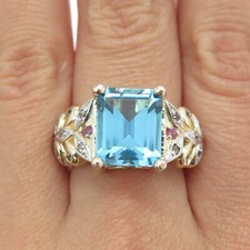 925 Sterling Silver 2-Tone Real Blue  White Topaz Ruby Floral Ring Size 8.25