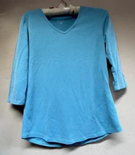 Seg'Ments Womens Essential 3/4 Sleeve V-Neck Top Size Small Blue Textured Knit