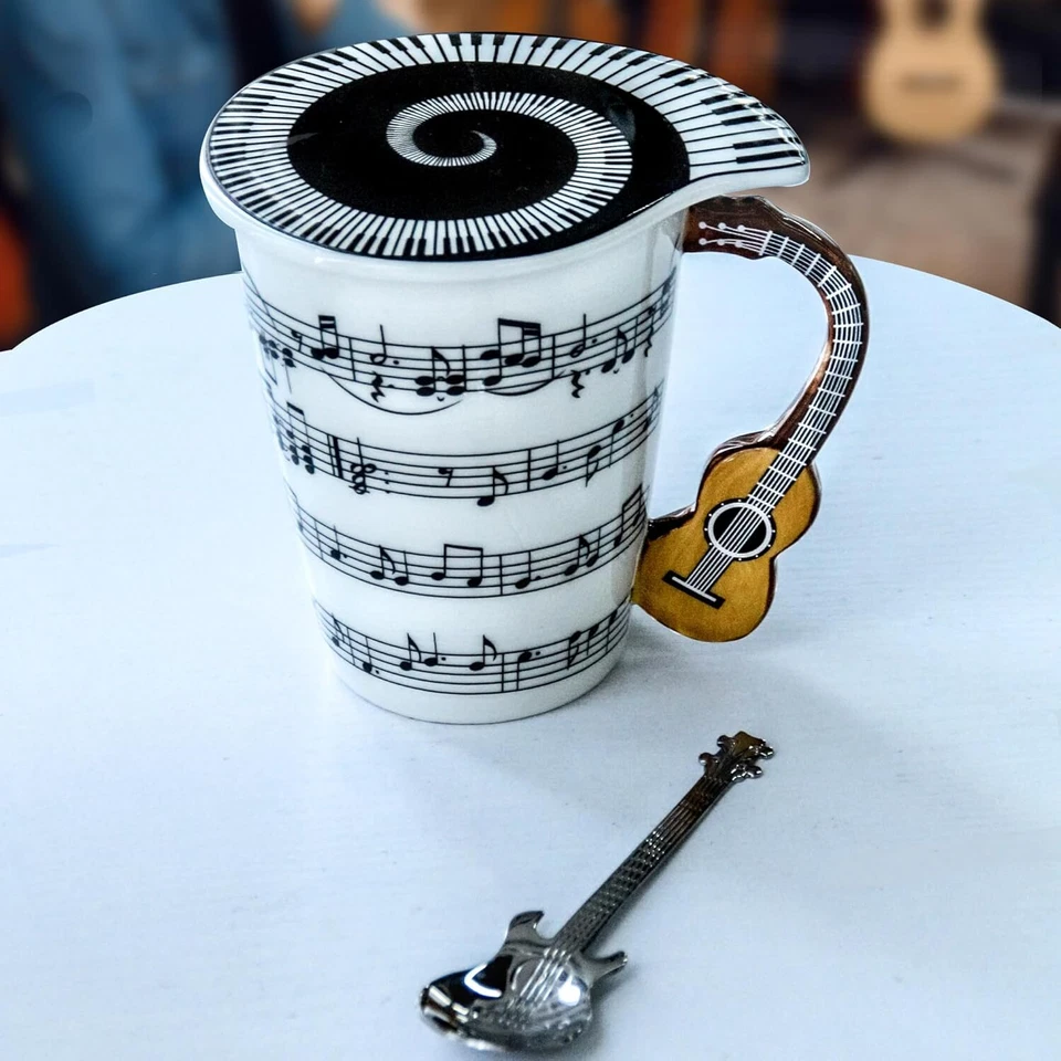 Novedad Taza Regalo Musical Taza de Café con Tapa y Mango de Guitarra Diseño y Cuchara Foto 4 de 4