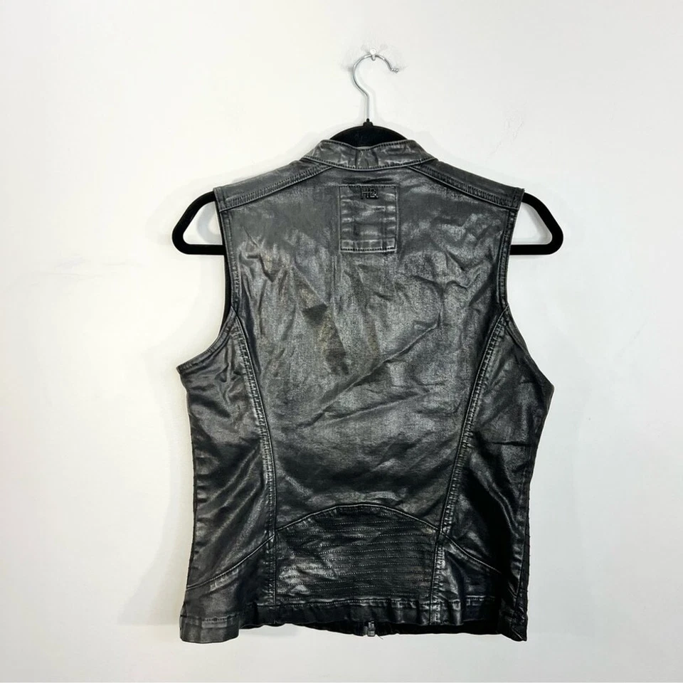 Harley Davidson black waxed cotton stretch fitted full zip moto biker vest M - Image 4 of 4