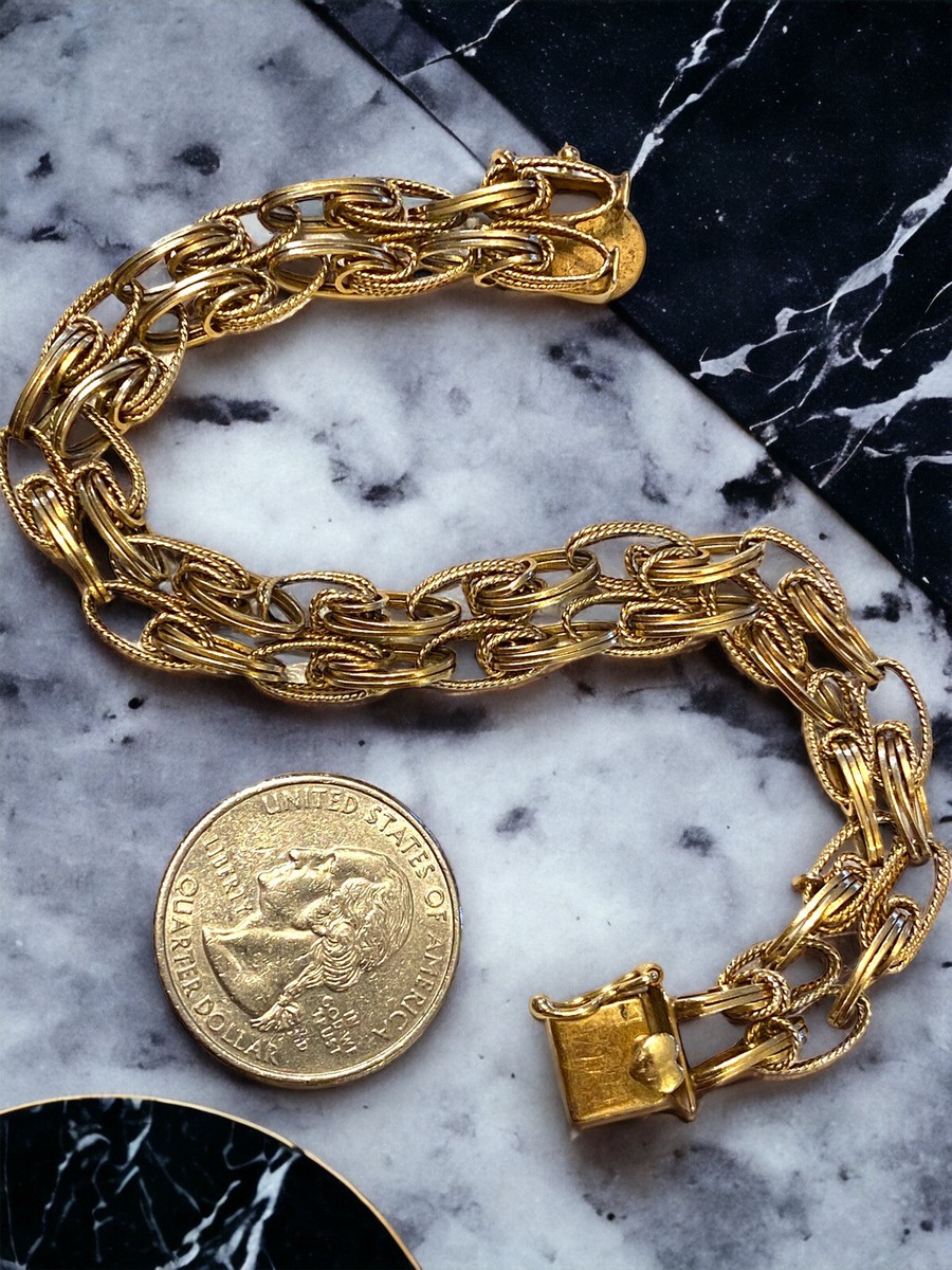 Vintage 1960's 14K Yellow Gold Wide Unique Link Heart Clasp 7.5