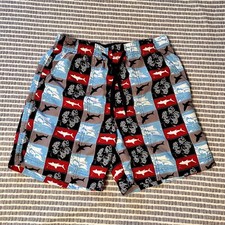 Men s Swimming Trunks Medium Shark Hibiscus Hook Tackle Red Whit Blue Hawaii