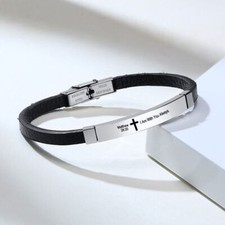 Personalized Prayer Christian Bible Cross Chapter Men Genuine Leather Bracelet