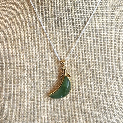 Natural Nephrite Hetian Jade Crescent Pendant with 14K Gold Plated Edge 