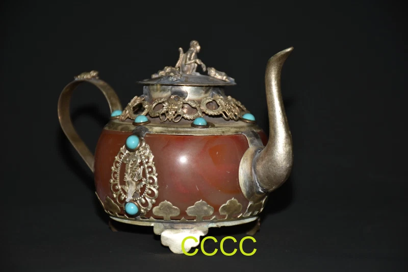 Exquisita olla de vino con mango de extremo de piedras preciosas de pino verde con incrustaciones de cobre plateado de China Foto 2 de 4