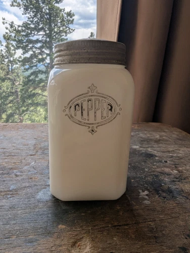Vintage Hazel Atlas Range Size Pepper Shakers Milk Glass Heavy Rough Lid Used
