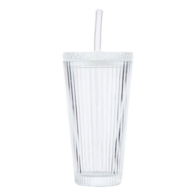 Glass Tumbler with Lid and Straw 21oz Ribbed Textured Design Drinking Cup