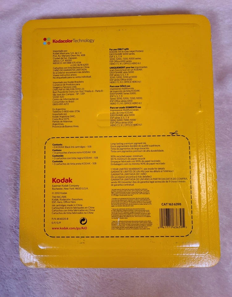 Paquete triple tinta negra Kodak 10B - 3 × 425 páginas caja sellada sin abrir  Foto 2 de 4