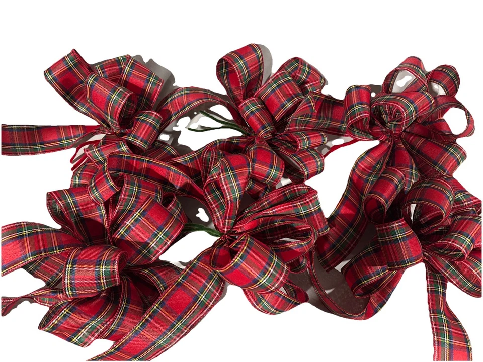 Set Of 6 Large Christmas Bows Plaid Fabric Ribbon Wired 10” 9 Loops 10” Tails - Image 2 of 4