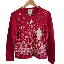 Christmas Sweater Women Small Red Beaded Winter Scene Family Holiday Party Retro