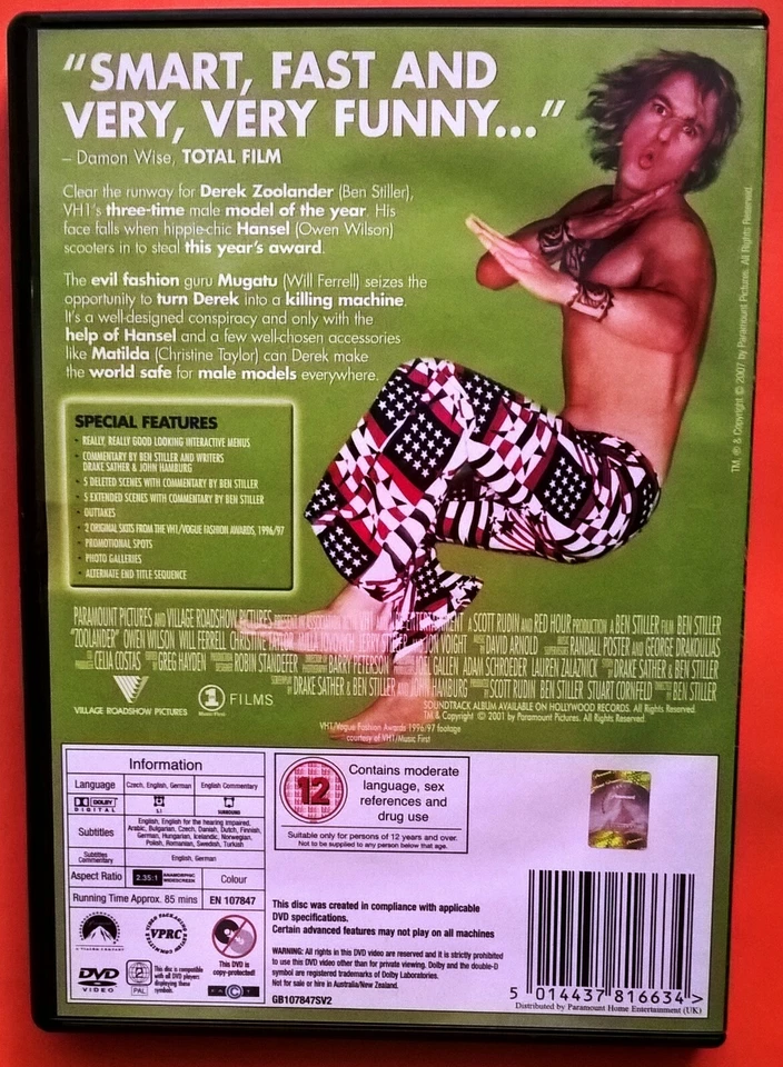 Zoolander DVD Region 2 Stiller Wilson Taylor Ferrell Jovovich Duchovny Trump  - Image 2 of 3