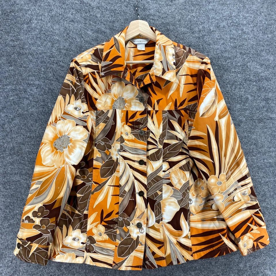 Allison Daley Jacket Women 14 Orange Floral Button Up Collared Long Sleeve - Image 3 of 4