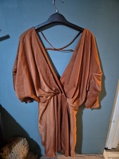 ASOS Size 10 Brown Satin Short Sleeve Wrap Style Dress (125/77/v)