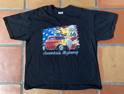 Vintage M&O KNITS Men s XL Black Graphic Print T-Shirt ROUTE 66 AMERICAS HIGHWAY