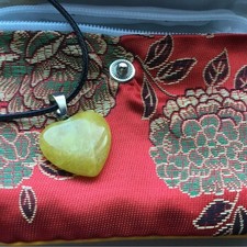 Golden Polished Stone Crystal Heart Pendant with Black Faux Leather Necklace