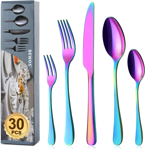 Regenbogen Besteck Set FüR 6 Personen, 30 Teilig Bunte Essbesteck Set Inkl. Mess-image