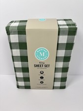 Martha Stewart Madison Gingham King Sheet Set Green White Cotton Percale