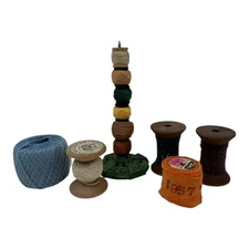 11 Antique Sm Wood Spools~Fun Ribbon~Belding-Clark~Crochet~Cotton~ Darning Silk