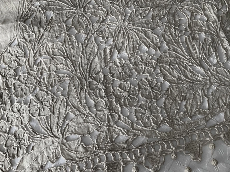 Linge Ancien Rideau En Lin Brodé Et Dentelle Pompon Boule Napoleon lll 1850/1900 - Photo 3/4