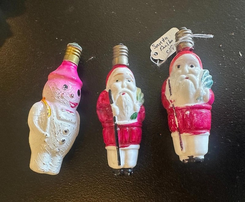Rare Antique 2 Santa & Snowman Christmas Light Bulb Ornament 1920 Holiday
