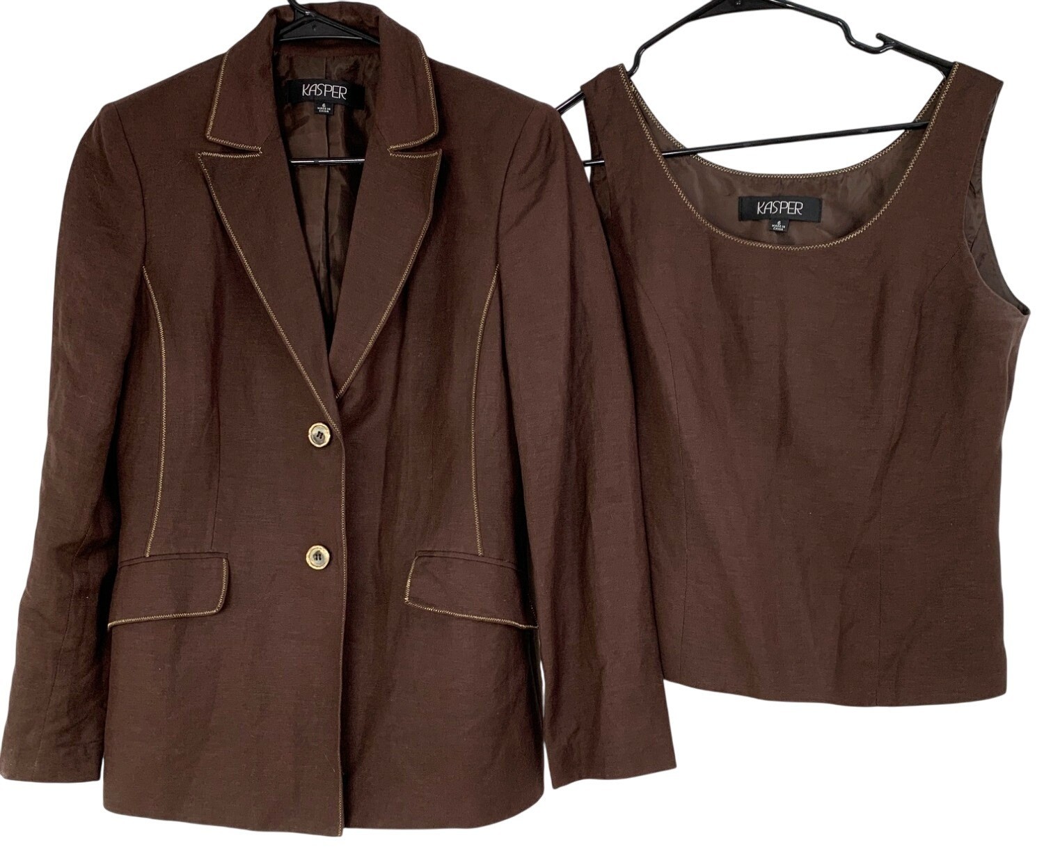 Kasper Womens Brown Linen Blazer & Tank Top Set With Gold Trim Size 6 RAA10436