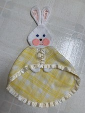 Fisher Price Plaid Yellow Bunny Lovey Baby Blanket 1979 Vtg Satin Trim FLAW READ