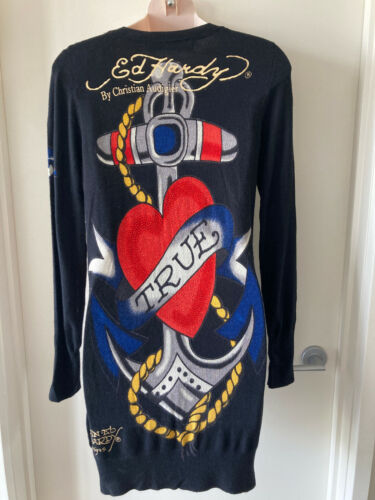 New S M L Authentic Ed Hardy by Christian Audigier Knit Hoodie Cardigan Sweater - Picture 3 of 32