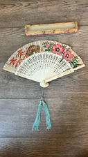 Vintage Floral Hand Held Folding Fan With Carrying Case