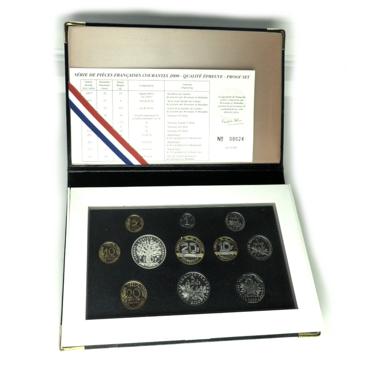 FRANCE 1 CENTIME - 100 FRANCS 2000 PROOF SET KM#PS18 11 Coins In