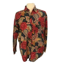Gitano Vintage Womens Earthtones Floral Button Front Shirt, Blouse, Red Brown, M