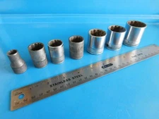 USED, SNAP ON TOOLS  VINTAGE 1/2 IN. DR. SHORT 12 PT. SOCKETS, LOT OF 7