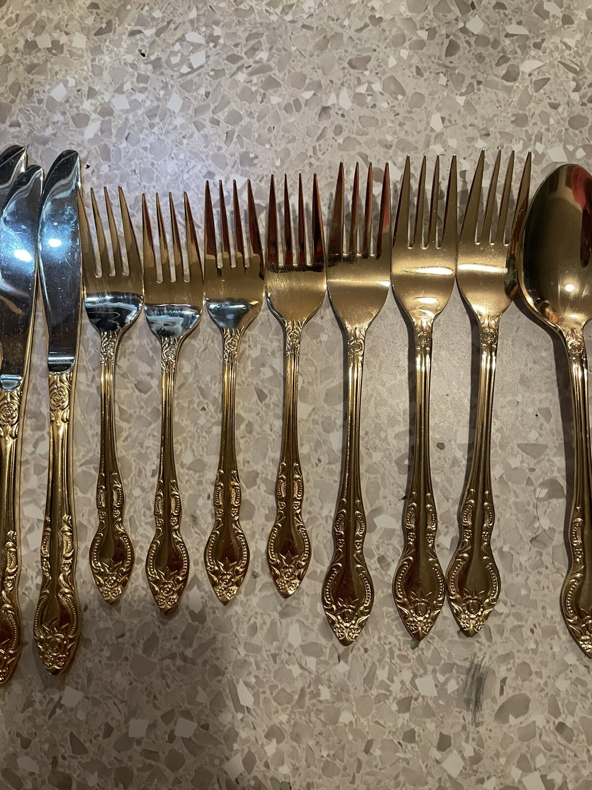 Rogers Korea Gold Plated Stainless Flatware 19 Pieces Forks Spoons Knives -AS-IS