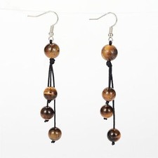 Natural Tiger Eye Brown Gemstone Black Silk Thread Knotted Dangle Earrings