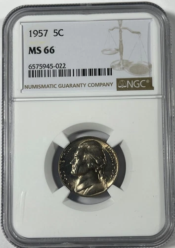 1957 Jefferson  5C NGC MS66 (#18055) nice flashy coin. Just missed FS.Fresh hold
